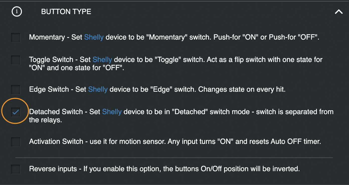 Shelly 1 button type setting